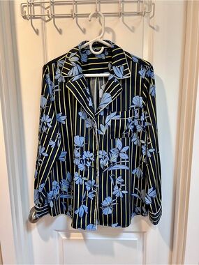 Halogen (Nordstrom) Pajama-Style Navy Floral & Yellow Stripe Button-Up Blouse